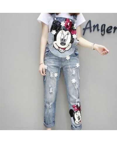 Women Cartoon Sequined Embroidery Wide Leg Loose Ripped Denim Overalls European Jumpsuit Boyfriend Hole Pocket Jeans Romper $...