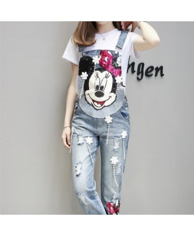 Women Cartoon Sequined Embroidery Wide Leg Loose Ripped Denim Overalls European Jumpsuit Boyfriend Hole Pocket Jeans Romper $...