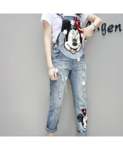 Women Cartoon Sequined Embroidery Wide Leg Loose Ripped Denim Overalls European Jumpsuit Boyfriend Hole Pocket Jeans Romper $...