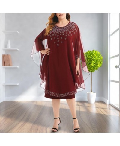 Plus Size Dresses Elegant Dress Classic Rhiestone Decor Party Dress Women Elegant Party Chiffon Shawl Midi Dress for Daily Li...