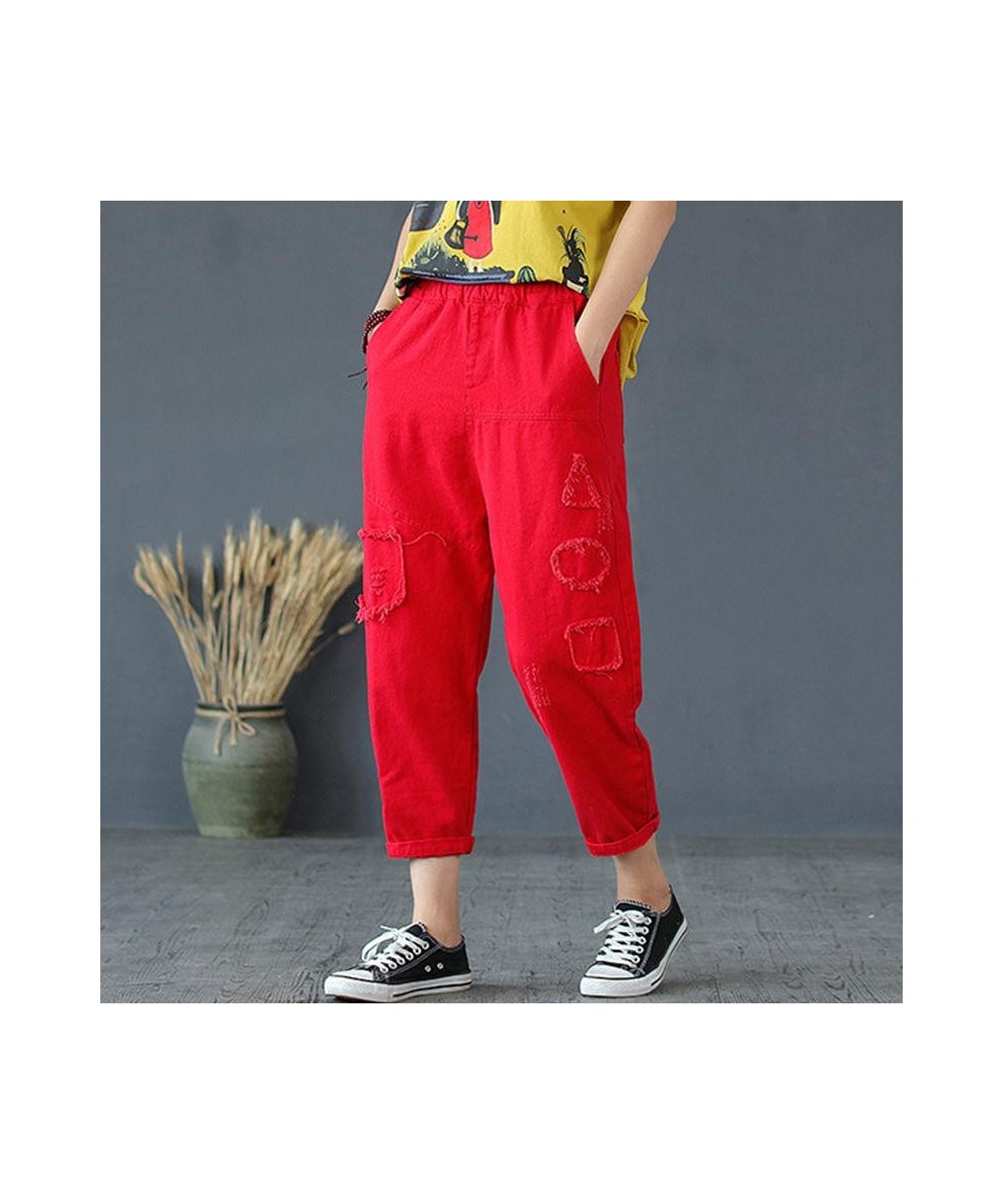 Women's Red 9-point Jeans Women's Summer Loose 8-point Harlan Pants With Holes And Patchwork Pants Spring And Autumn $40.40 -...