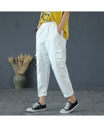 Women's Red 9-point Jeans Women's Summer Loose 8-point Harlan Pants With Holes And Patchwork Pants Spring And Autumn $40.40 -...