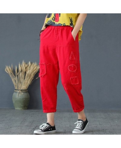 Women's Red 9-point Jeans Women's Summer Loose 8-point Harlan Pants With Holes And Patchwork Pants Spring And Autumn $40.40 -...