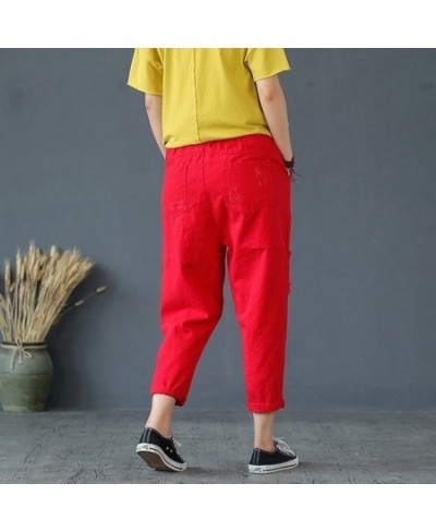 Women's Red 9-point Jeans Women's Summer Loose 8-point Harlan Pants With Holes And Patchwork Pants Spring And Autumn $40.40 -...