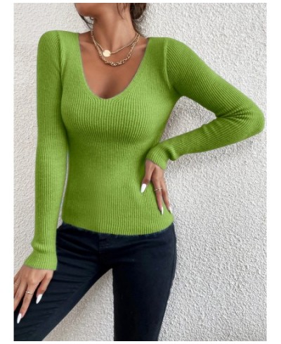 Winter Spring Women Solid Rib Knit V Neck Stripe Pull Sweater Femme Y2k Long Sleeve Pullover Jersey Tops Fashion Clothes $21....