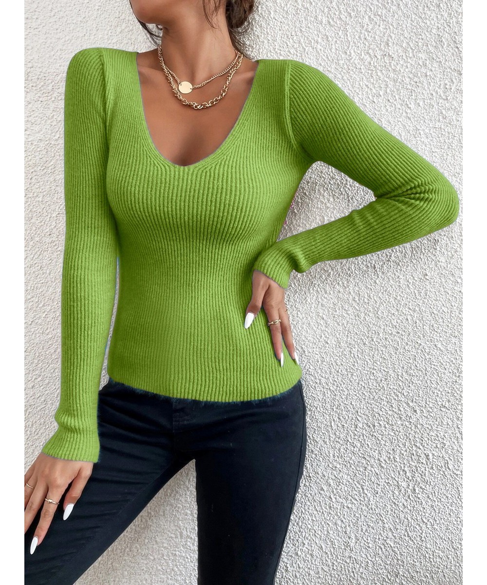 Winter Spring Women Solid Rib Knit V Neck Stripe Pull Sweater Femme Y2k Long Sleeve Pullover Jersey Tops Fashion Clothes $21....