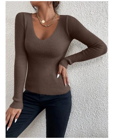 Winter Spring Women Solid Rib Knit V Neck Stripe Pull Sweater Femme Y2k Long Sleeve Pullover Jersey Tops Fashion Clothes $21....