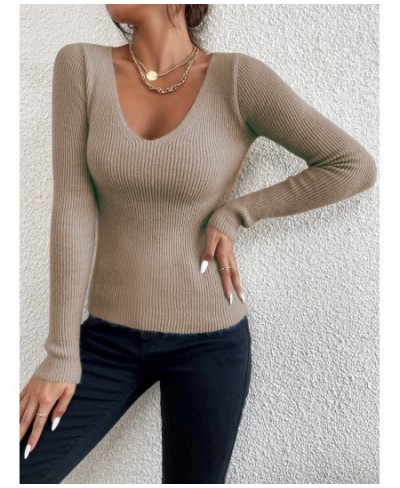 Winter Spring Women Solid Rib Knit V Neck Stripe Pull Sweater Femme Y2k Long Sleeve Pullover Jersey Tops Fashion Clothes $21....