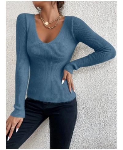 Winter Spring Women Solid Rib Knit V Neck Stripe Pull Sweater Femme Y2k Long Sleeve Pullover Jersey Tops Fashion Clothes $21....