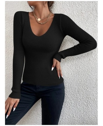 Winter Spring Women Solid Rib Knit V Neck Stripe Pull Sweater Femme Y2k Long Sleeve Pullover Jersey Tops Fashion Clothes $21....