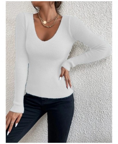 Winter Spring Women Solid Rib Knit V Neck Stripe Pull Sweater Femme Y2k Long Sleeve Pullover Jersey Tops Fashion Clothes $21....