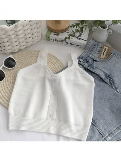 Women Summer Sweetheart Neck Crop Tops Buttons Front Strappy Knitted Casual Going Out Solid Color Basic Tops For Vacation $16...