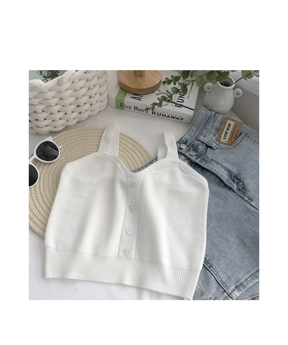 Women Summer Sweetheart Neck Crop Tops Buttons Front Strappy Knitted Casual Going Out Solid Color Basic Tops For Vacation $16...