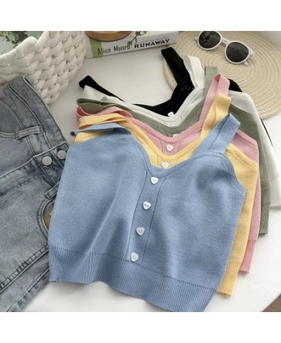 Women Summer Sweetheart Neck Crop Tops Buttons Front Strappy Knitted Casual Going Out Solid Color Basic Tops For Vacation $16...