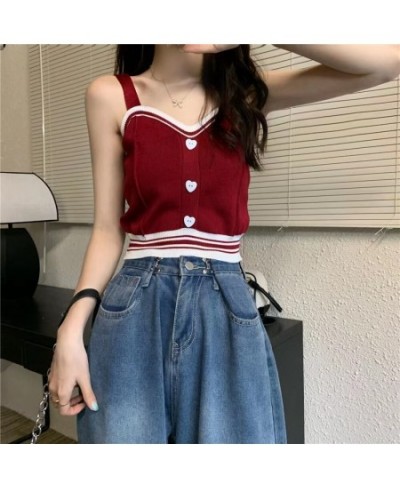 Women Summer Sweetheart Neck Crop Tops Buttons Front Strappy Knitted Casual Going Out Solid Color Basic Tops For Vacation $16...