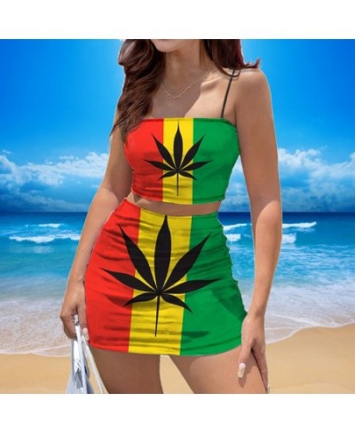 Jamaica Leaf Print Women Club Outfits Sexy Sling Tube Tops and Short Bodycon Dress Summer 2pcs Sets $45.08 - Suits & Sets