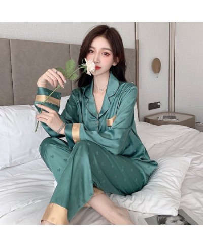 New Summer Silk Long Sleeve Pajamas Set for Women Notch Collar Soft Loungewear Button Down Nightwear Heart Sleepwear $50.08 -...