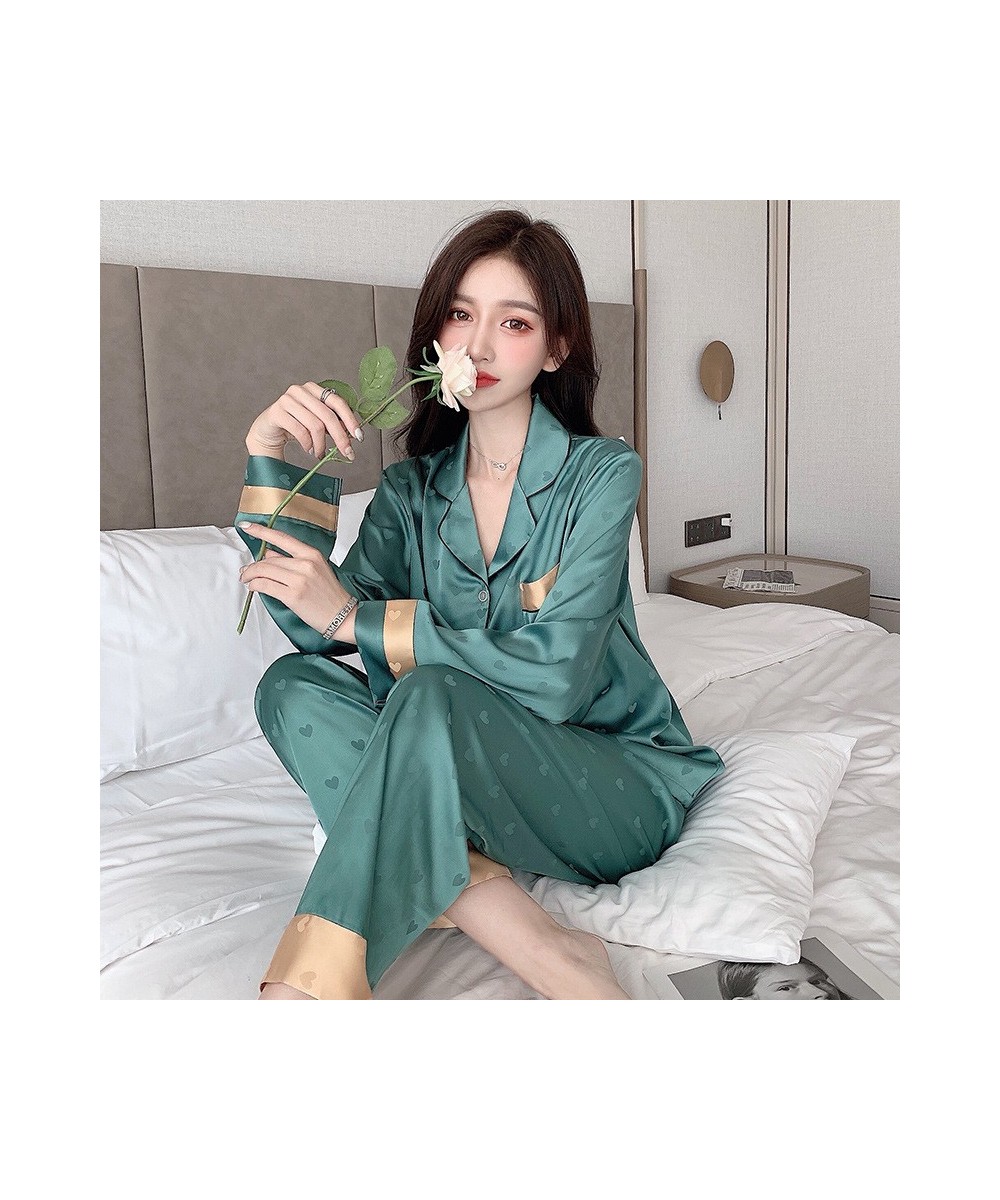 New Summer Silk Long Sleeve Pajamas Set for Women Notch Collar Soft Loungewear Button Down Nightwear Heart Sleepwear $50.08 -...