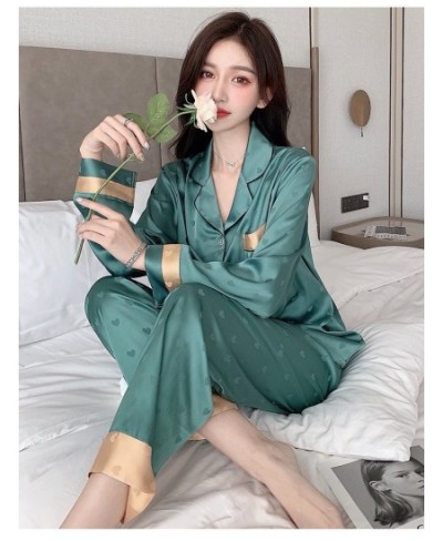 New Summer Silk Long Sleeve Pajamas Set for Women Notch Collar Soft Loungewear Button Down Nightwear Heart Sleepwear $50.08 -...