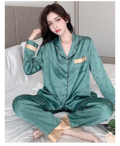 New Summer Silk Long Sleeve Pajamas Set for Women Notch Collar Soft Loungewear Button Down Nightwear Heart Sleepwear $50.08 -...