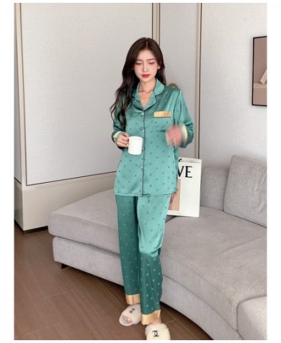 New Summer Silk Long Sleeve Pajamas Set for Women Notch Collar Soft Loungewear Button Down Nightwear Heart Sleepwear $50.08 -...