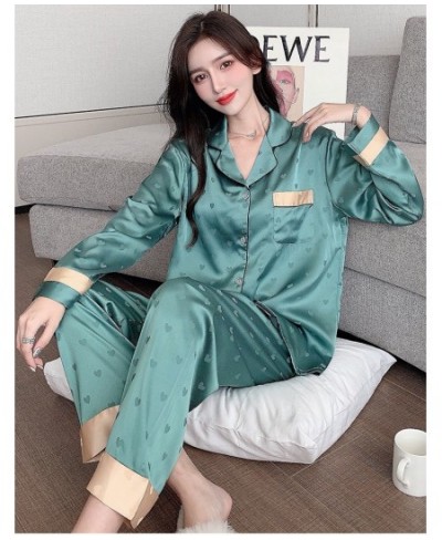 New Summer Silk Long Sleeve Pajamas Set for Women Notch Collar Soft Loungewear Button Down Nightwear Heart Sleepwear $50.08 -...