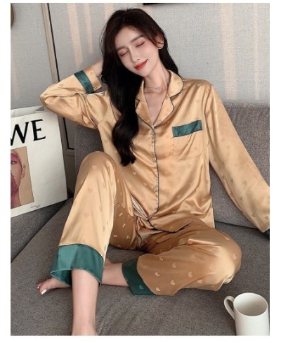 New Summer Silk Long Sleeve Pajamas Set for Women Notch Collar Soft Loungewear Button Down Nightwear Heart Sleepwear $50.08 -...