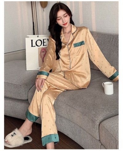 New Summer Silk Long Sleeve Pajamas Set for Women Notch Collar Soft Loungewear Button Down Nightwear Heart Sleepwear $50.08 -...