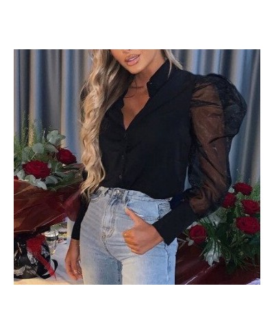 Sexy Women White Blouse Vintage Patchwork Puff Long Sleeve Elegant Ladies Shirt OL Style Turn Down Collar Transparent Tops $2...