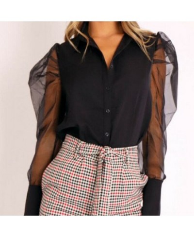 Sexy Women White Blouse Vintage Patchwork Puff Long Sleeve Elegant Ladies Shirt OL Style Turn Down Collar Transparent Tops $2...