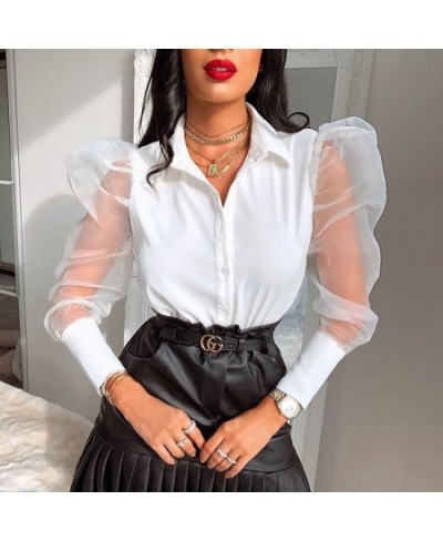 Sexy Women White Blouse Vintage Patchwork Puff Long Sleeve Elegant Ladies Shirt OL Style Turn Down Collar Transparent Tops $2...