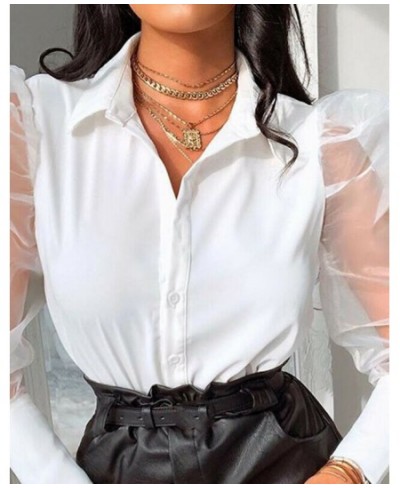 Sexy Women White Blouse Vintage Patchwork Puff Long Sleeve Elegant Ladies Shirt OL Style Turn Down Collar Transparent Tops $2...