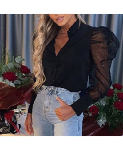 Sexy Women White Blouse Vintage Patchwork Puff Long Sleeve Elegant Ladies Shirt OL Style Turn Down Collar Transparent Tops $2...