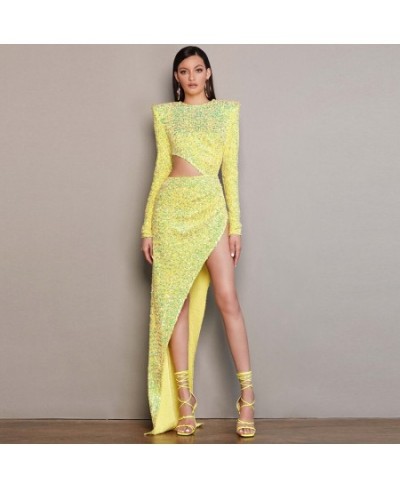 Yellow Sequin Dress Glitter Autumn Winter New Stylish Round Neck Long Sleeve Open Waist Cut Out Irregular Split Long Maxi Dre...