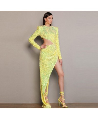 Yellow Sequin Dress Glitter Autumn Winter New Stylish Round Neck Long Sleeve Open Waist Cut Out Irregular Split Long Maxi Dre...