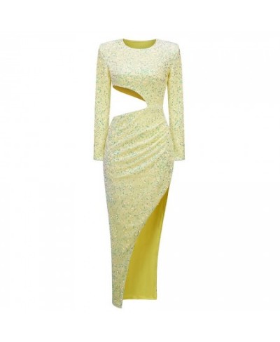 Yellow Sequin Dress Glitter Autumn Winter New Stylish Round Neck Long Sleeve Open Waist Cut Out Irregular Split Long Maxi Dre...