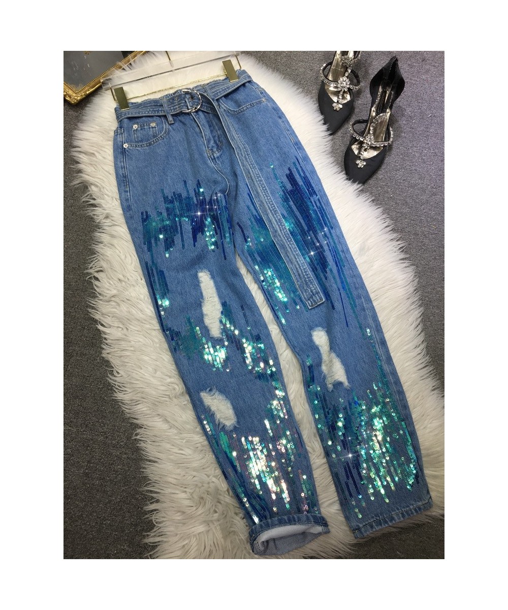 Heavy Industry Manual Sequined Denim Pants Women Elastic High Waist Slimming Ripped Jeans 2023 Spring New Baggy Pantalon Fema...