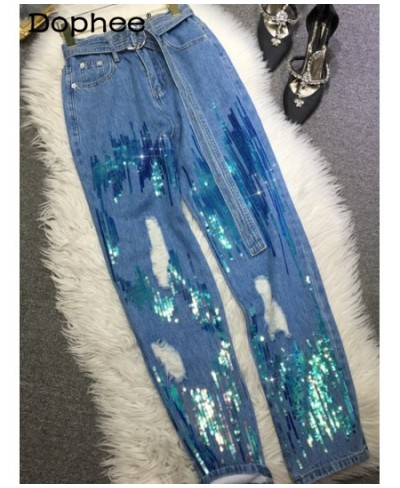 Heavy Industry Manual Sequined Denim Pants Women Elastic High Waist Slimming Ripped Jeans 2023 Spring New Baggy Pantalon Fema...