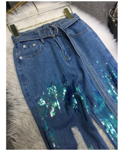 Heavy Industry Manual Sequined Denim Pants Women Elastic High Waist Slimming Ripped Jeans 2023 Spring New Baggy Pantalon Fema...