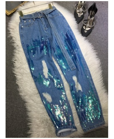 Heavy Industry Manual Sequined Denim Pants Women Elastic High Waist Slimming Ripped Jeans 2023 Spring New Baggy Pantalon Fema...