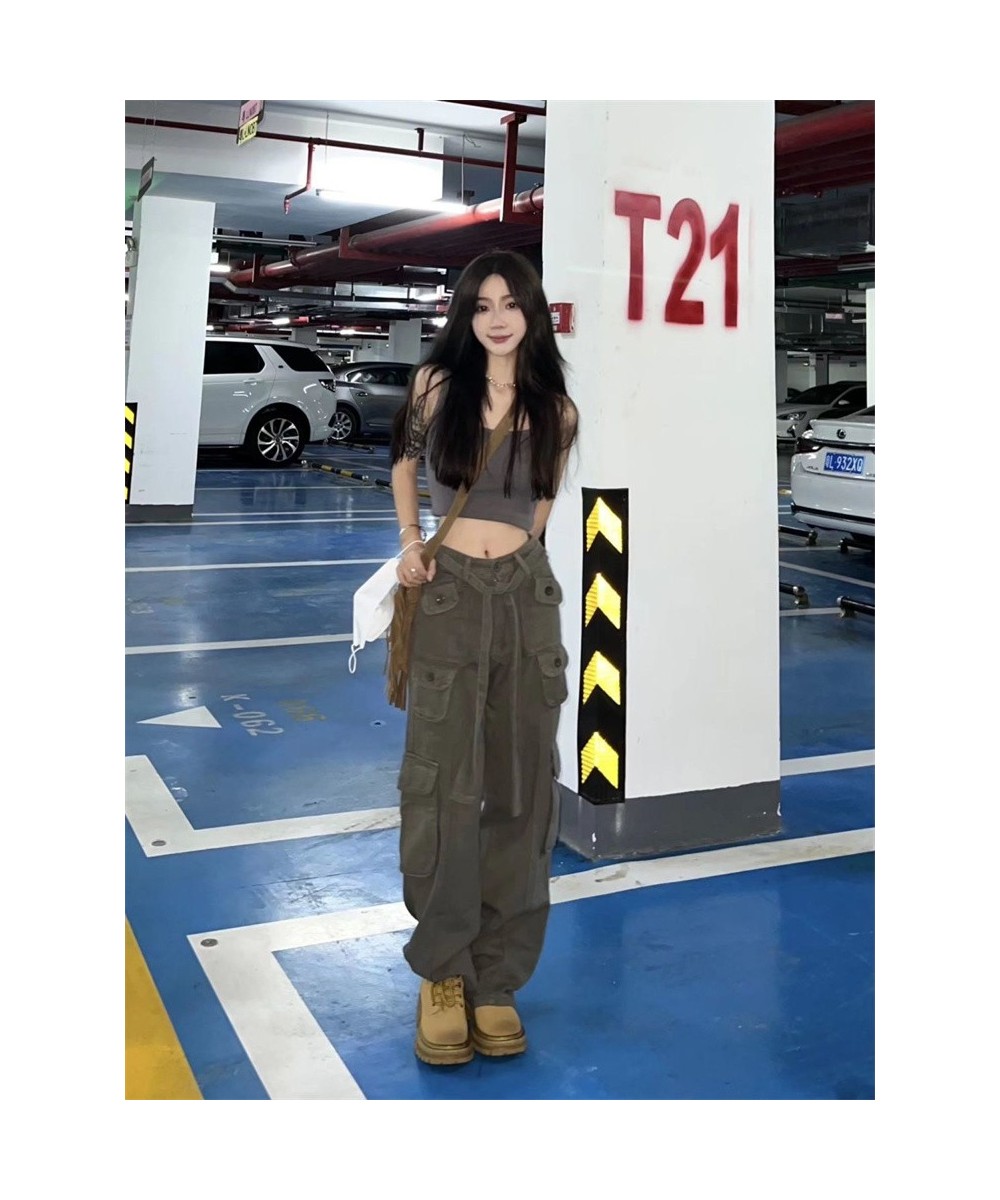 Military green cargo pants female small American retro design sense of jeans with pockets straight leg ins $56.16 - Jeans