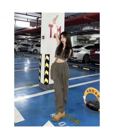 Military green cargo pants female small American retro design sense of jeans with pockets straight leg ins $56.16 - Jeans