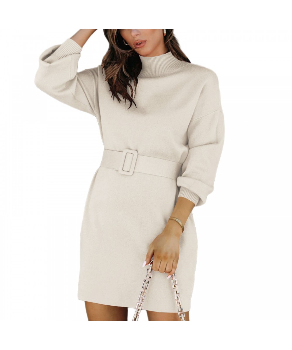 Women Elegant Sweater Dress Solid Color Turtleneck Long Sleeve Knit Pullover Bodycon Sweater Mini Dress with Belt $50.13 - Dr...