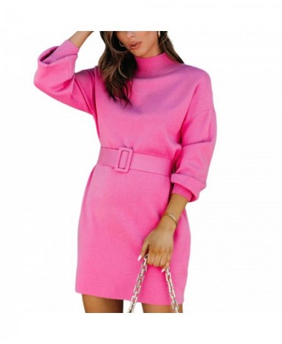 Women Elegant Sweater Dress Solid Color Turtleneck Long Sleeve Knit Pullover Bodycon Sweater Mini Dress with Belt $50.13 - Dr...