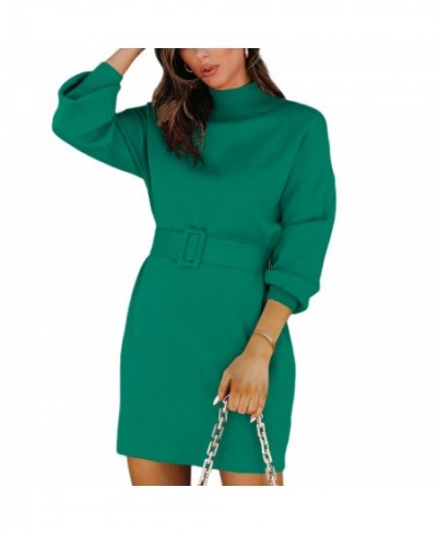 Women Elegant Sweater Dress Solid Color Turtleneck Long Sleeve Knit Pullover Bodycon Sweater Mini Dress with Belt $50.13 - Dr...