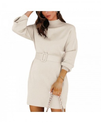 Women Elegant Sweater Dress Solid Color Turtleneck Long Sleeve Knit Pullover Bodycon Sweater Mini Dress with Belt $50.13 - Dr...