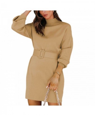 Women Elegant Sweater Dress Solid Color Turtleneck Long Sleeve Knit Pullover Bodycon Sweater Mini Dress with Belt $50.13 - Dr...