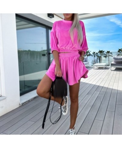 Women Solid Half Sleeve Tops and Short Two Pieces Set 2023 Elegant Velvet Sports Suit Ladies Summer Fashion Elastic Waist Set...