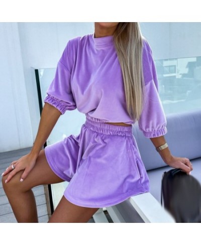 Women Solid Half Sleeve Tops and Short Two Pieces Set 2023 Elegant Velvet Sports Suit Ladies Summer Fashion Elastic Waist Set...