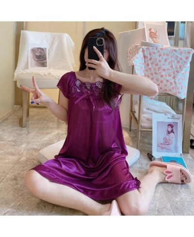 Women Short Sleeve Ice Silk Nightdress Summer Thin Lace Embroider Nightgown Female Square Neck Solid Home Sleepwear $19.52 - ...